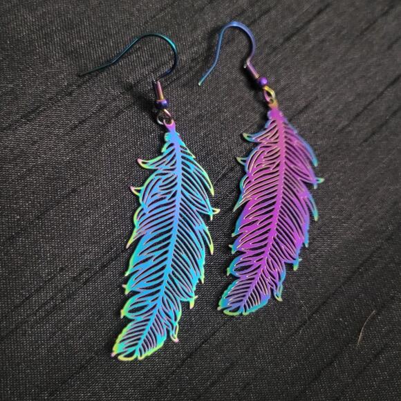 Rainbow feather stainless steel earrings - Picture 3 of 3